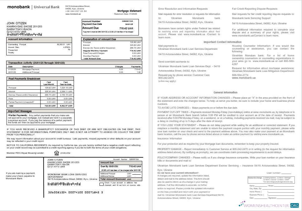 Download Ukrainian Monobank bank mortgage statement in Word and PDF formats Photoshop template